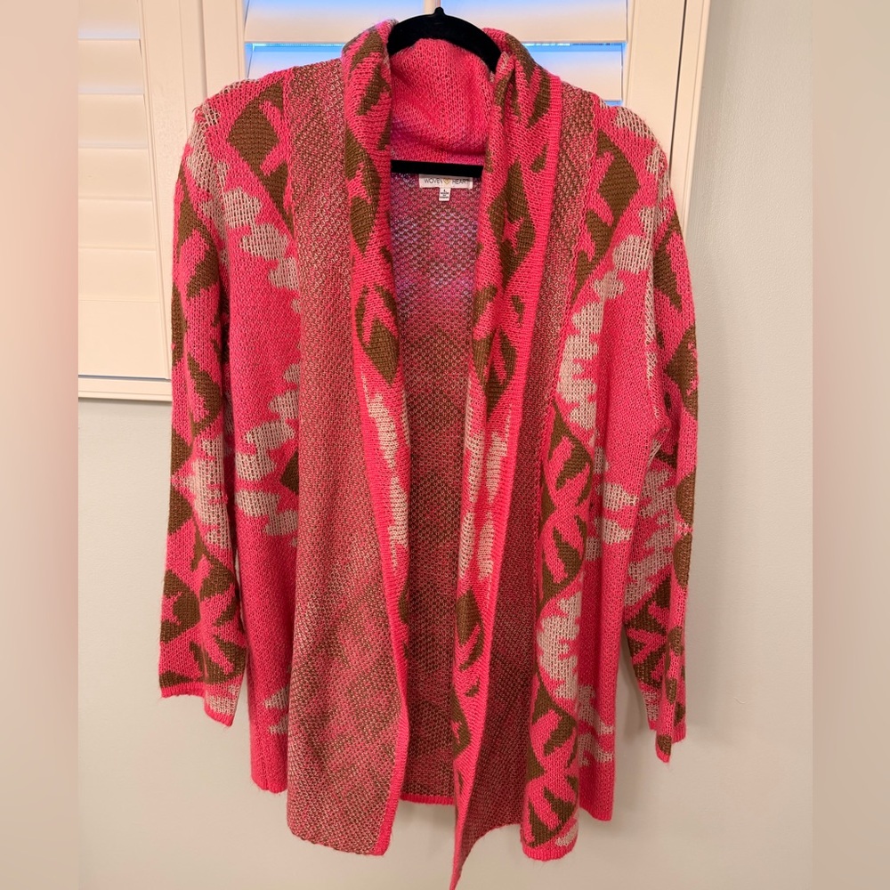 Woven Heart Pink Brown Cream Patterned Open-Front Cardigan